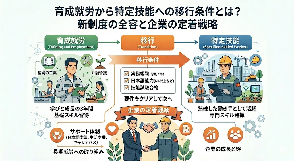 育成就労から特定技能への移行条件とは？新制度の全容と企業の定着戦略